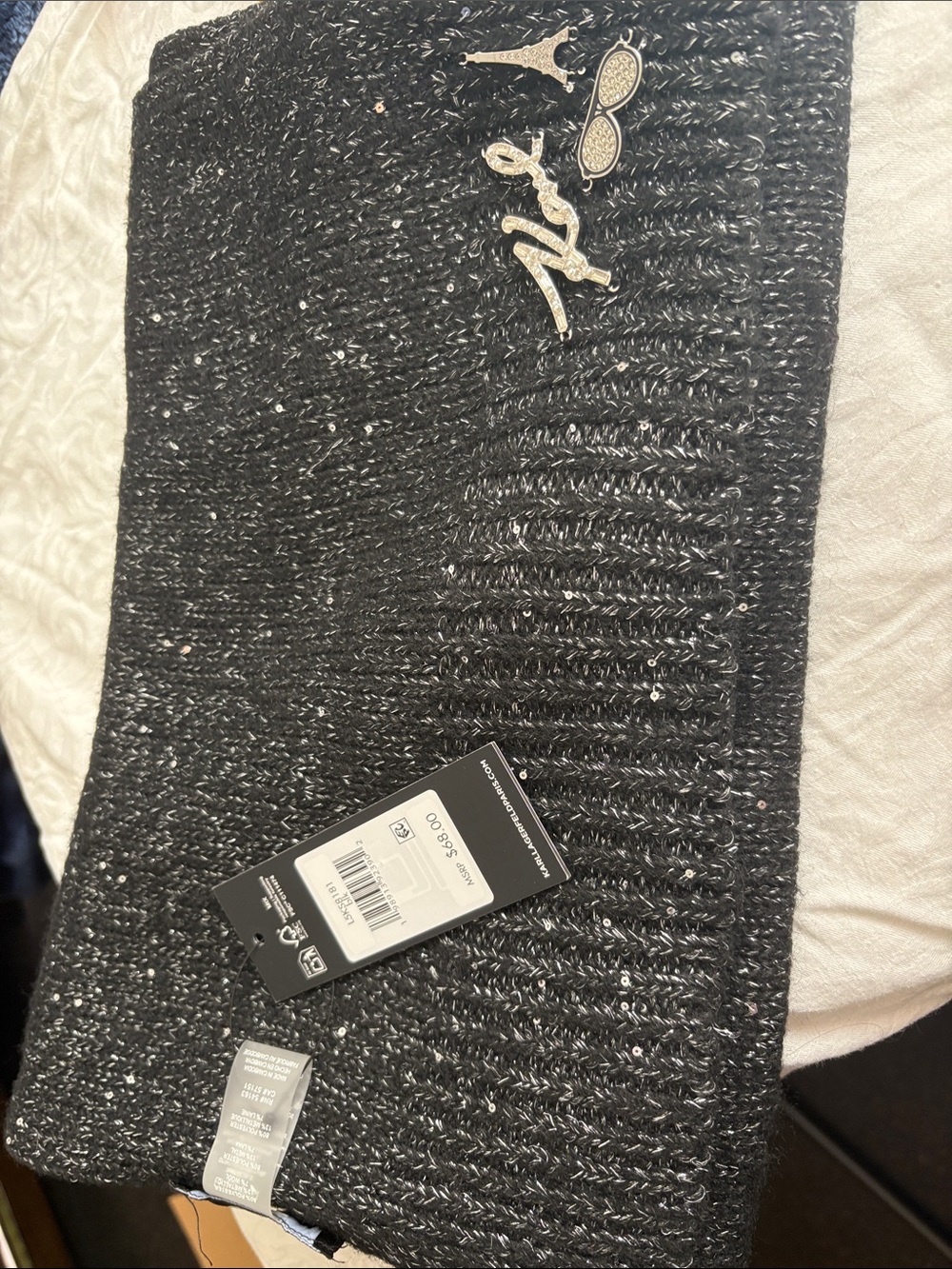 Karl Lagerfeld Black Speckled Knit Scarf with Silver Accents